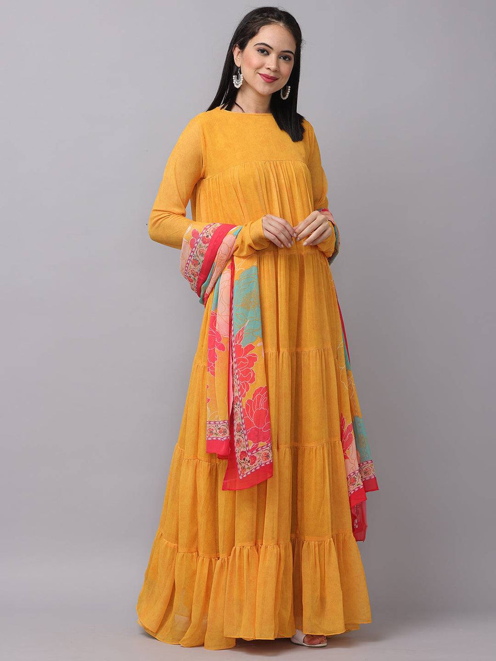 Sunlit Mustard Flared Long Dress elegant pose