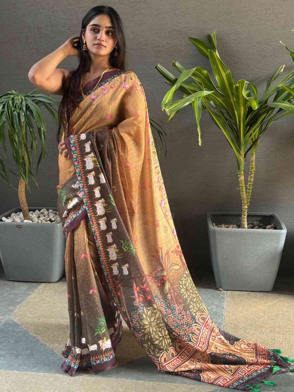 Model showcasing Soft Linen Brown Ombre Pichwai Saree