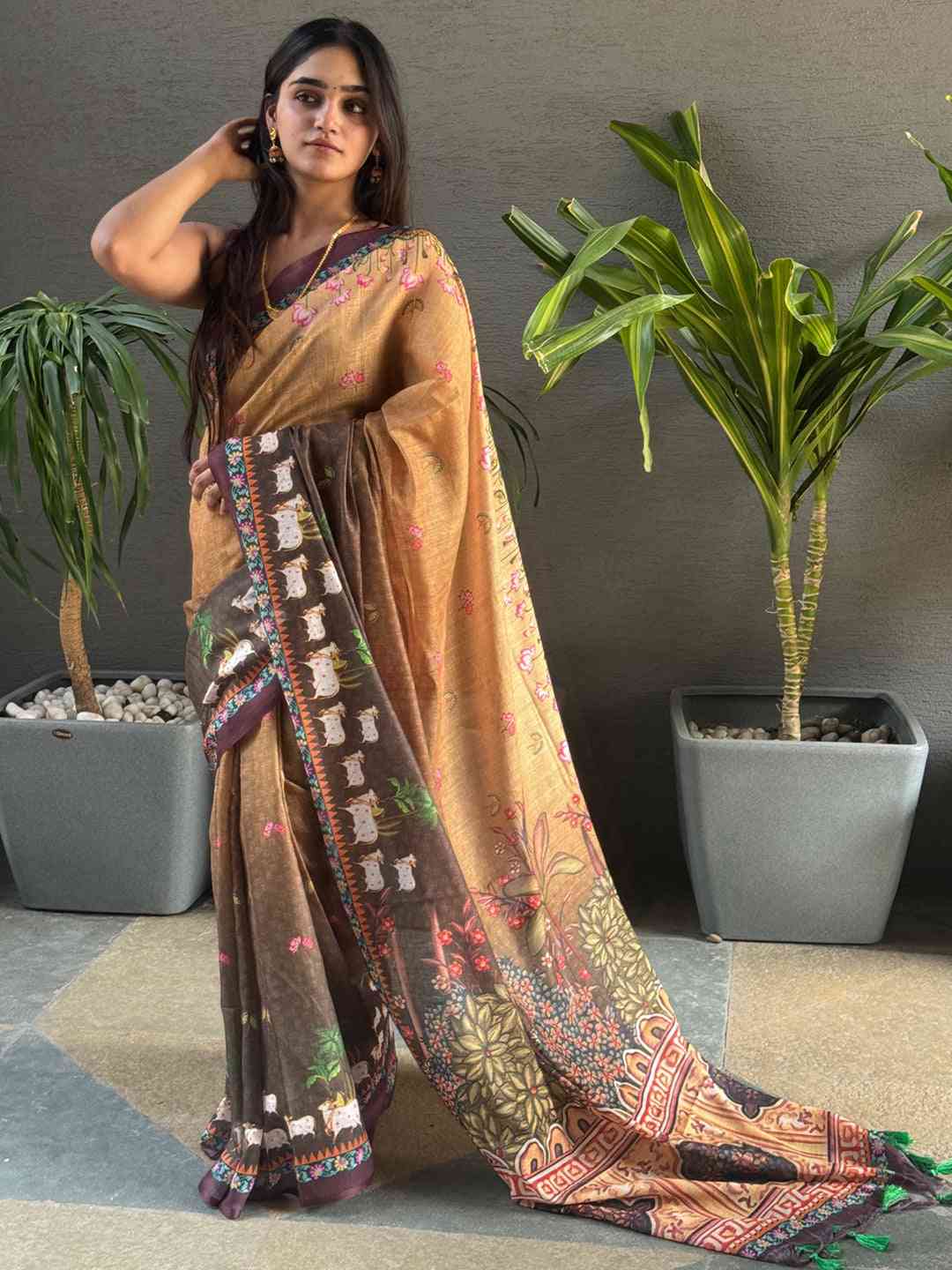 Model showcasing Soft Linen Brown Ombre Pichwai Saree