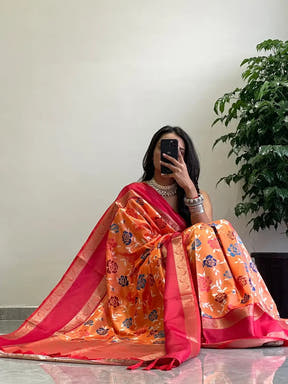Chic Pochampally print saree with soft silk Gadwal border
