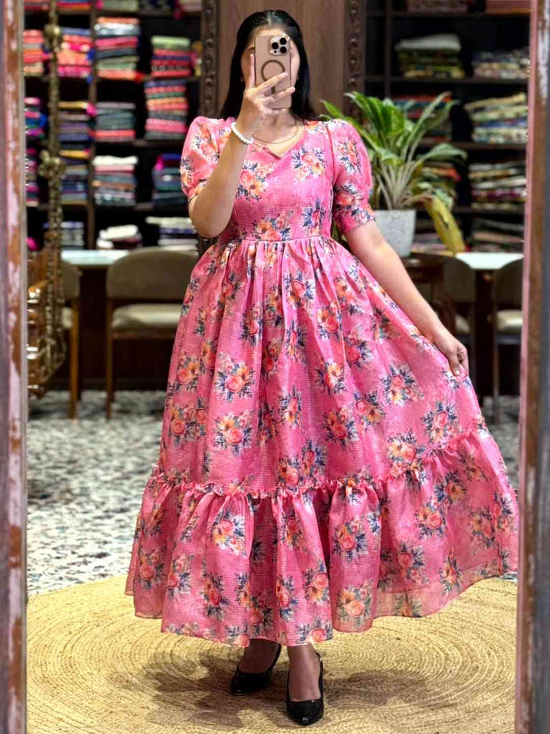 Pink Floral Print Midi Dress