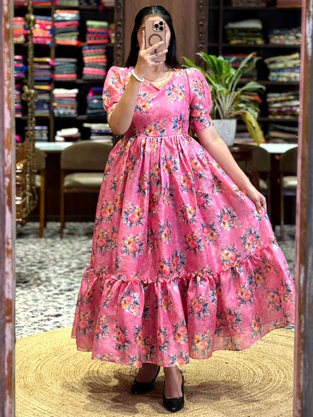 Pink Floral Print Midi Dress