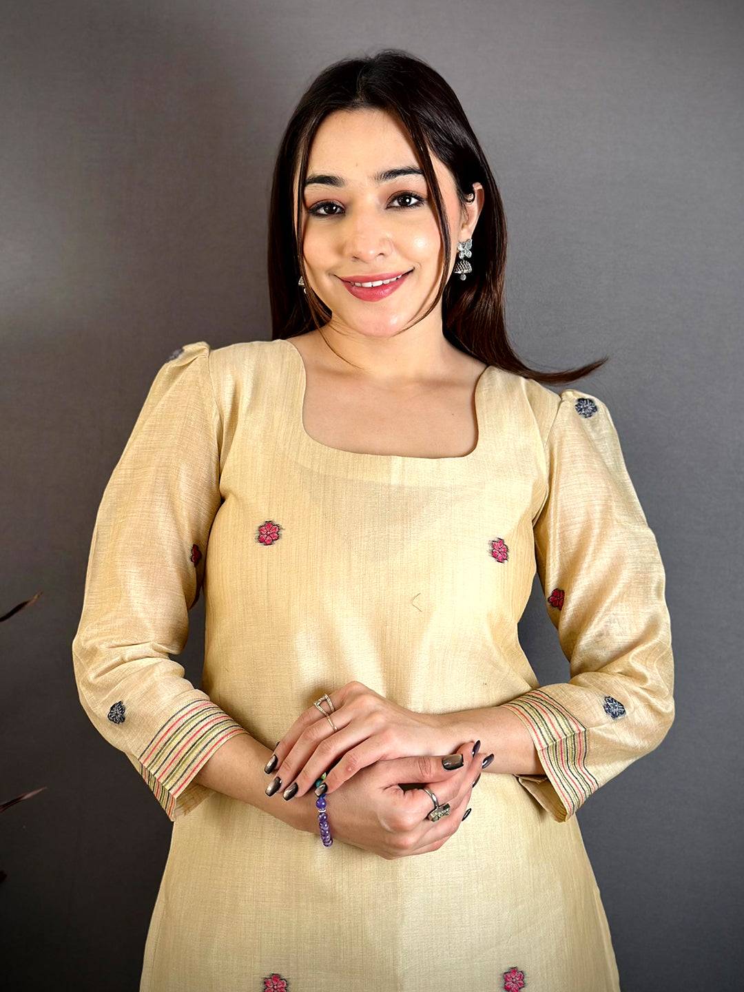 Opulent Beige Floral Cotton Dress