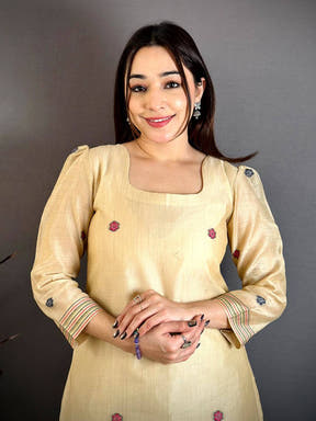 Opulent Beige Floral Cotton Dress