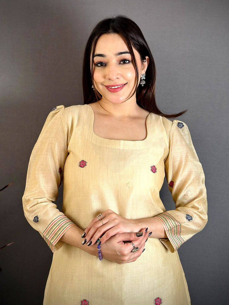 Opulent Beige Floral Cotton Dress