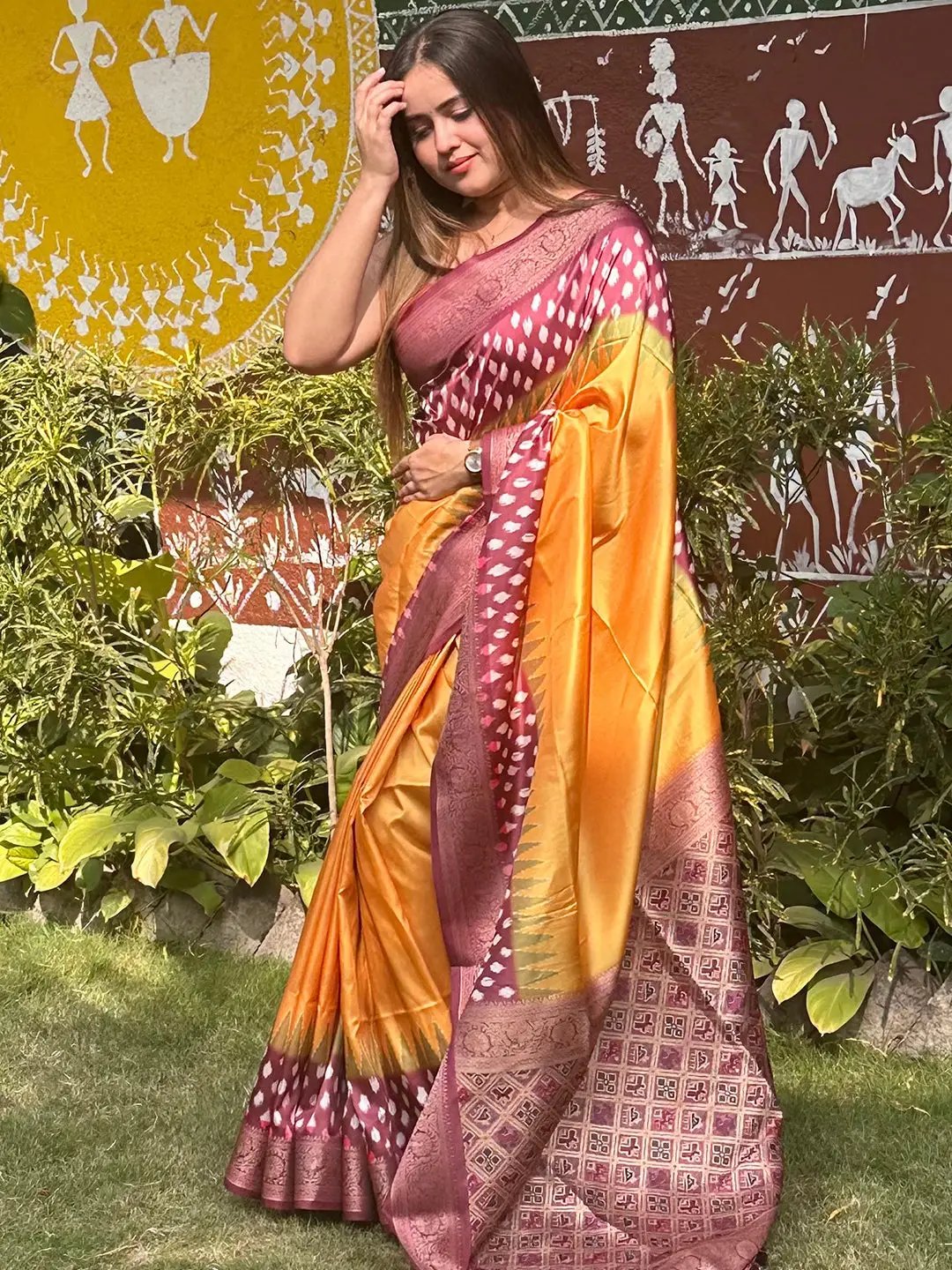 Elegant Banarasi Soft Silk Saree with Patola Pallu worn by woman