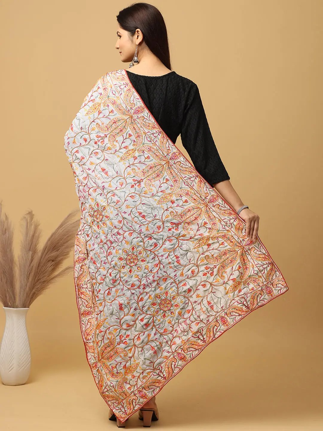 Back view of Bollywood white chiffon dupatta with intricate embroidery.