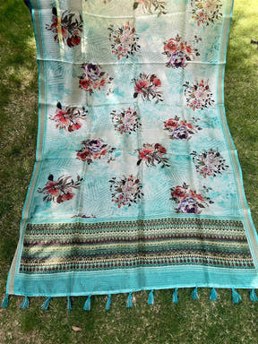 Turquoise Soft Kota Doriya Silk Saree With Flower Print