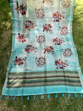 Turquoise Soft Kota Doriya Silk Saree With Flower Print