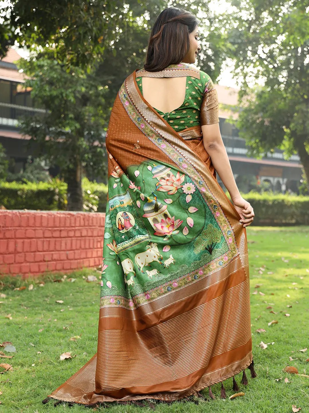  Pure Viscose Dola Silk Saree in Brown with Kalamkari Print