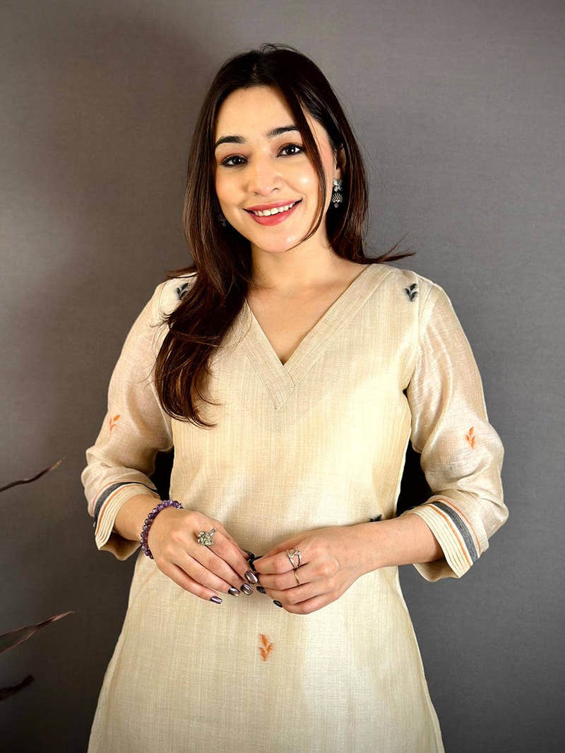 Stylish Beige Floral Cotton Dress