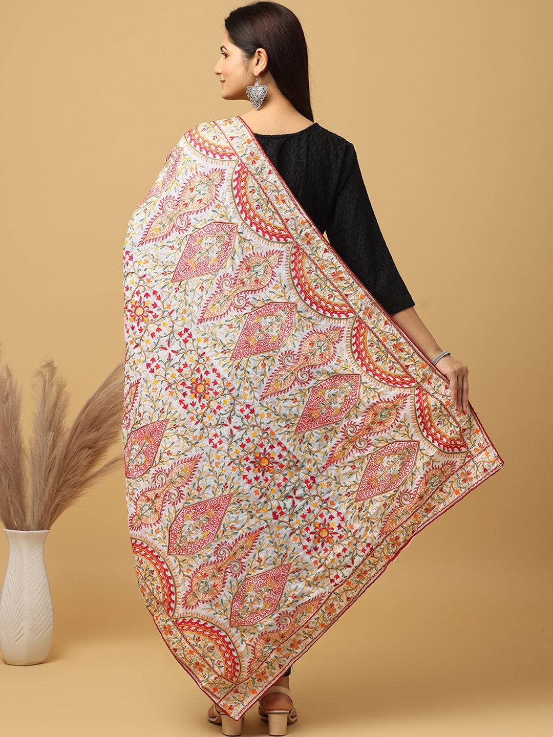 Back view of poly chiffon pashmina dupatta with vibrant embroidery.