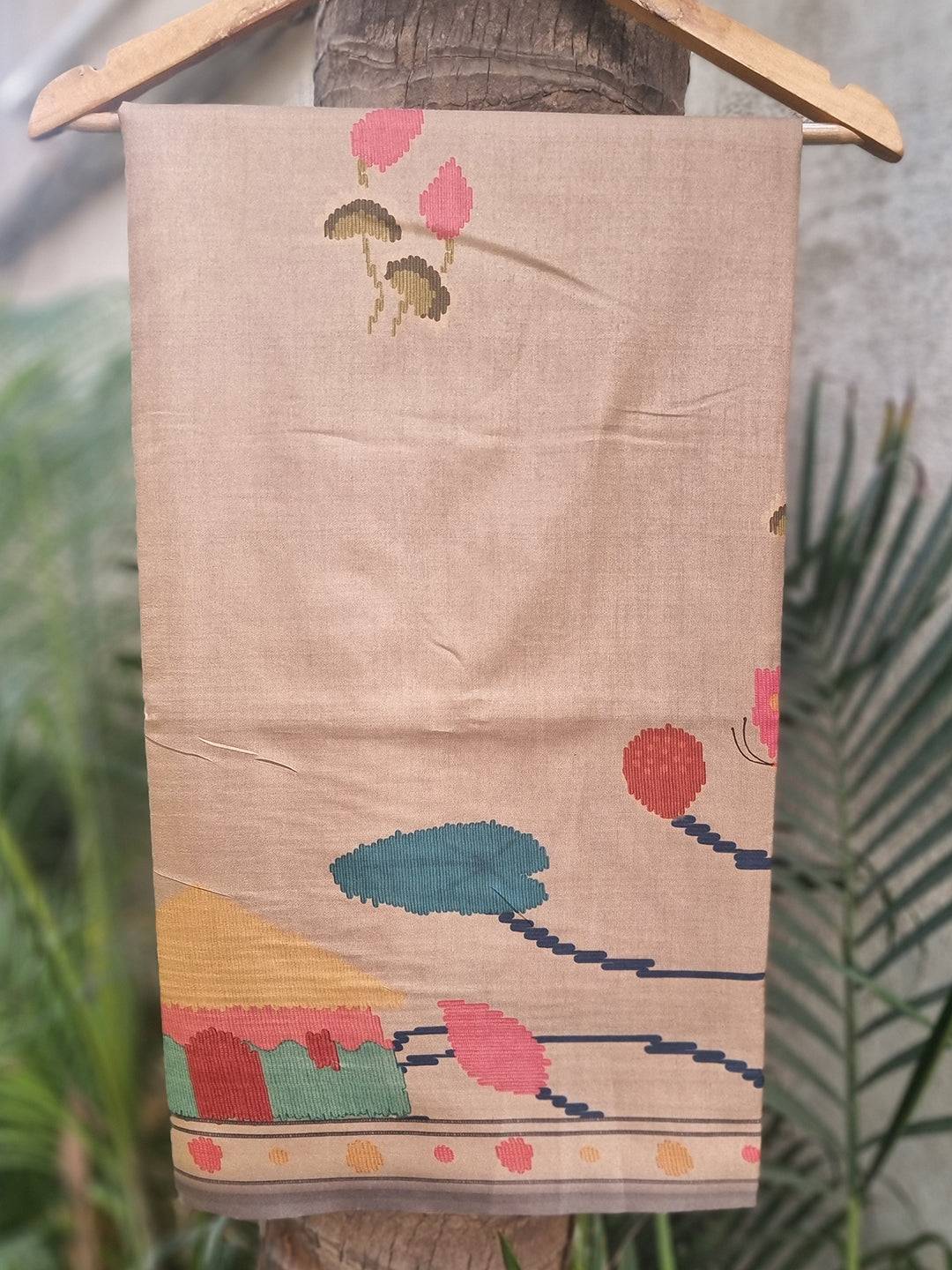 Grey Tussar Silk Saree with Ikkat Kalamkari print on hanger