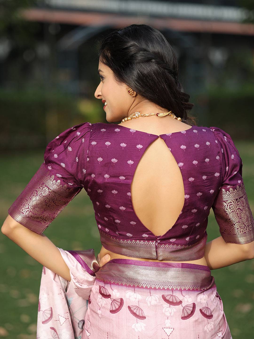 Viscose Dola Silk Pink Saree with Floral and Mughal Print