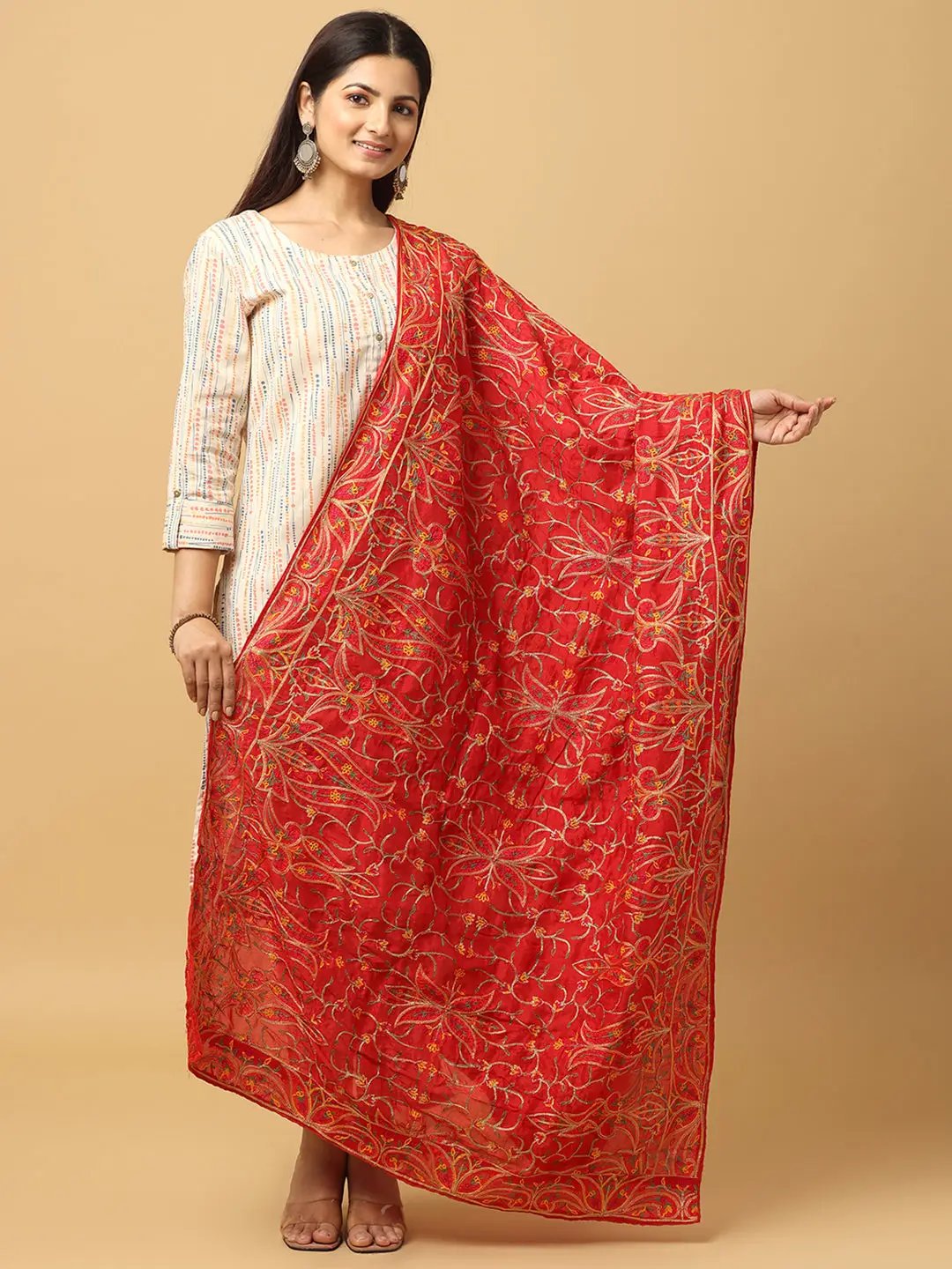 Red Poly Chiffon Pashmina Dupatta with threadwork design
