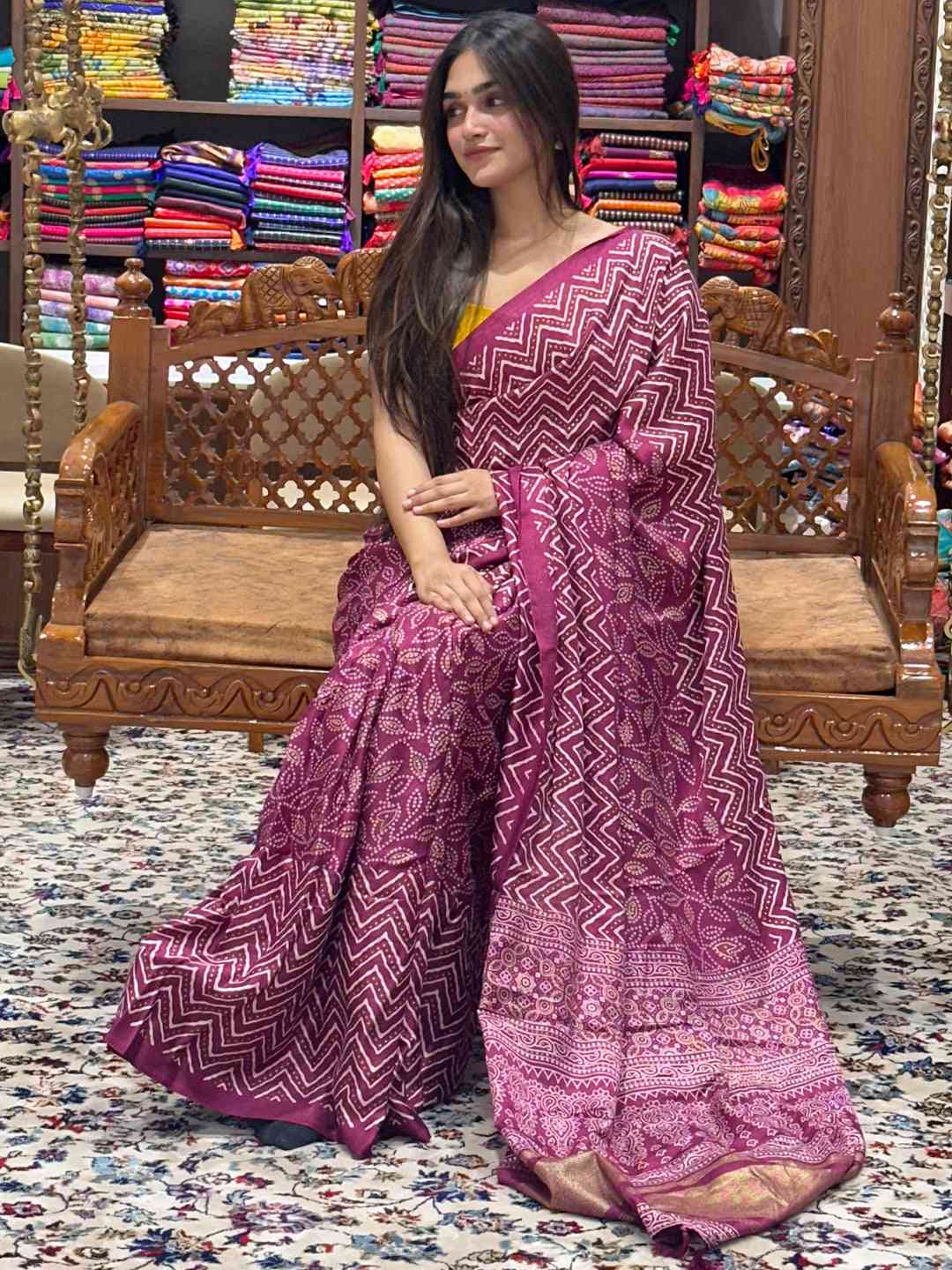 Burgundy Manipuri Silk Saree with detailed foil print pattern