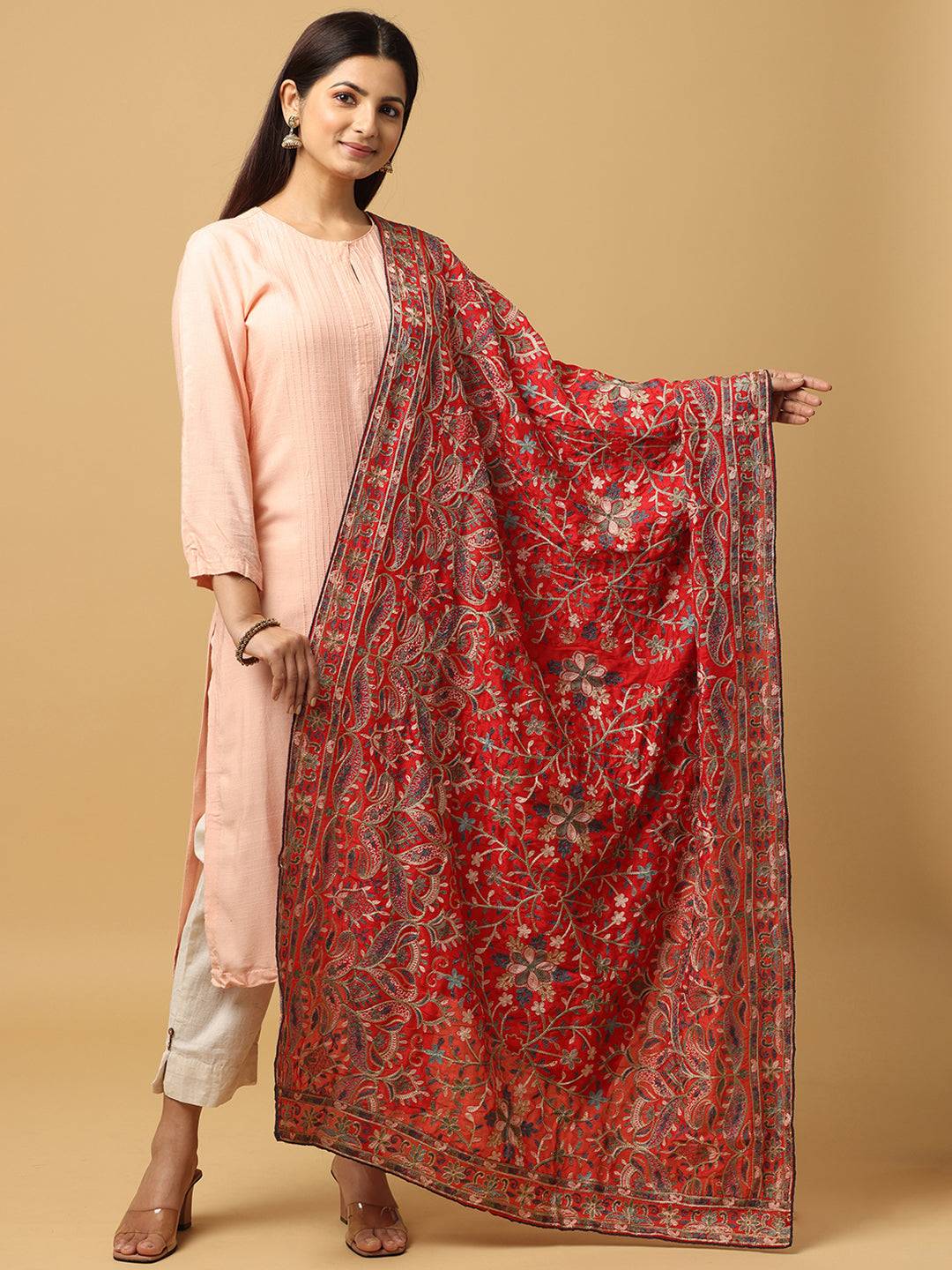 Elegant red poly chiffon pashmina dupatta with intricate threadwork