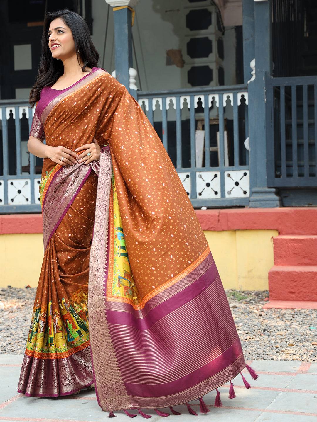 Brown Pure Viscose Dola Silk Saree with Bhandhej Print