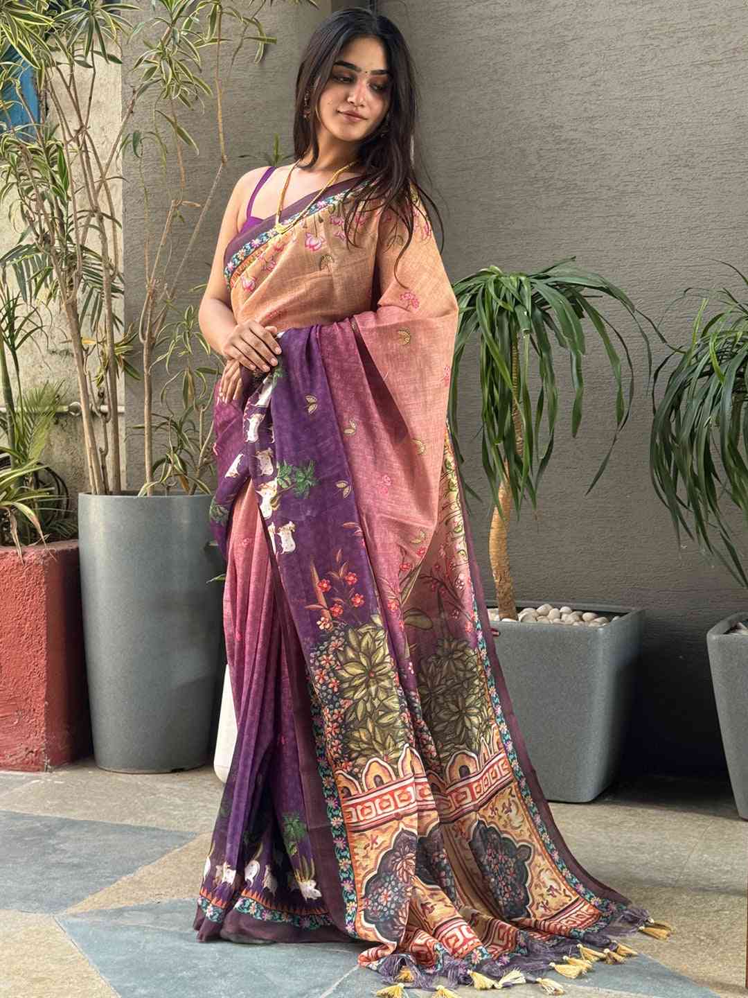 Latest Soft Linen Ombre Pichwai Saree in Purple Colour