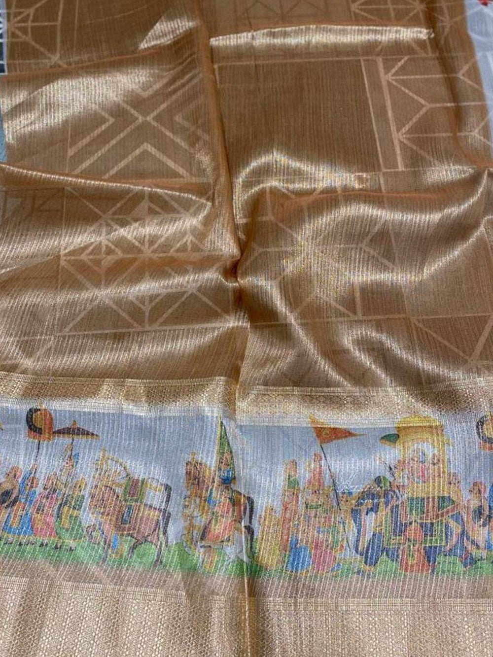 Detailed View of Gold Zari Tissue Saree with Digital Print