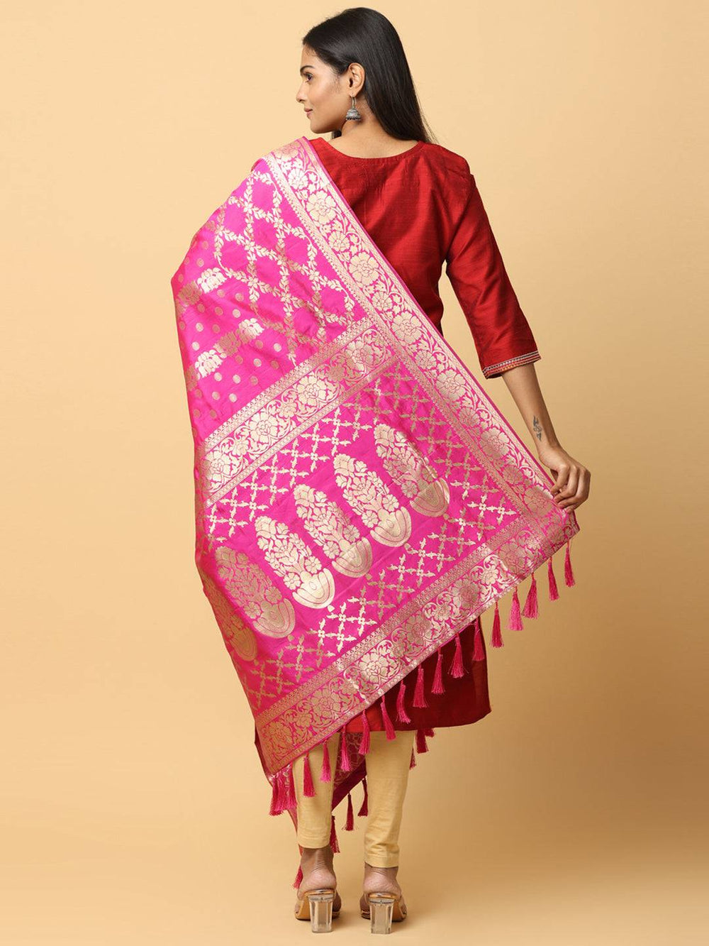 Back view of silk blend woven design dupatta