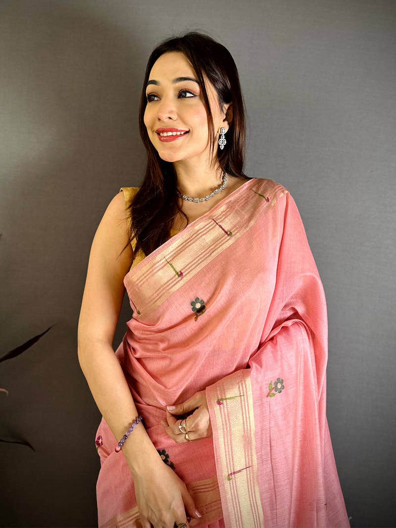 Pink Sunflower Minakari Khadi Saree
