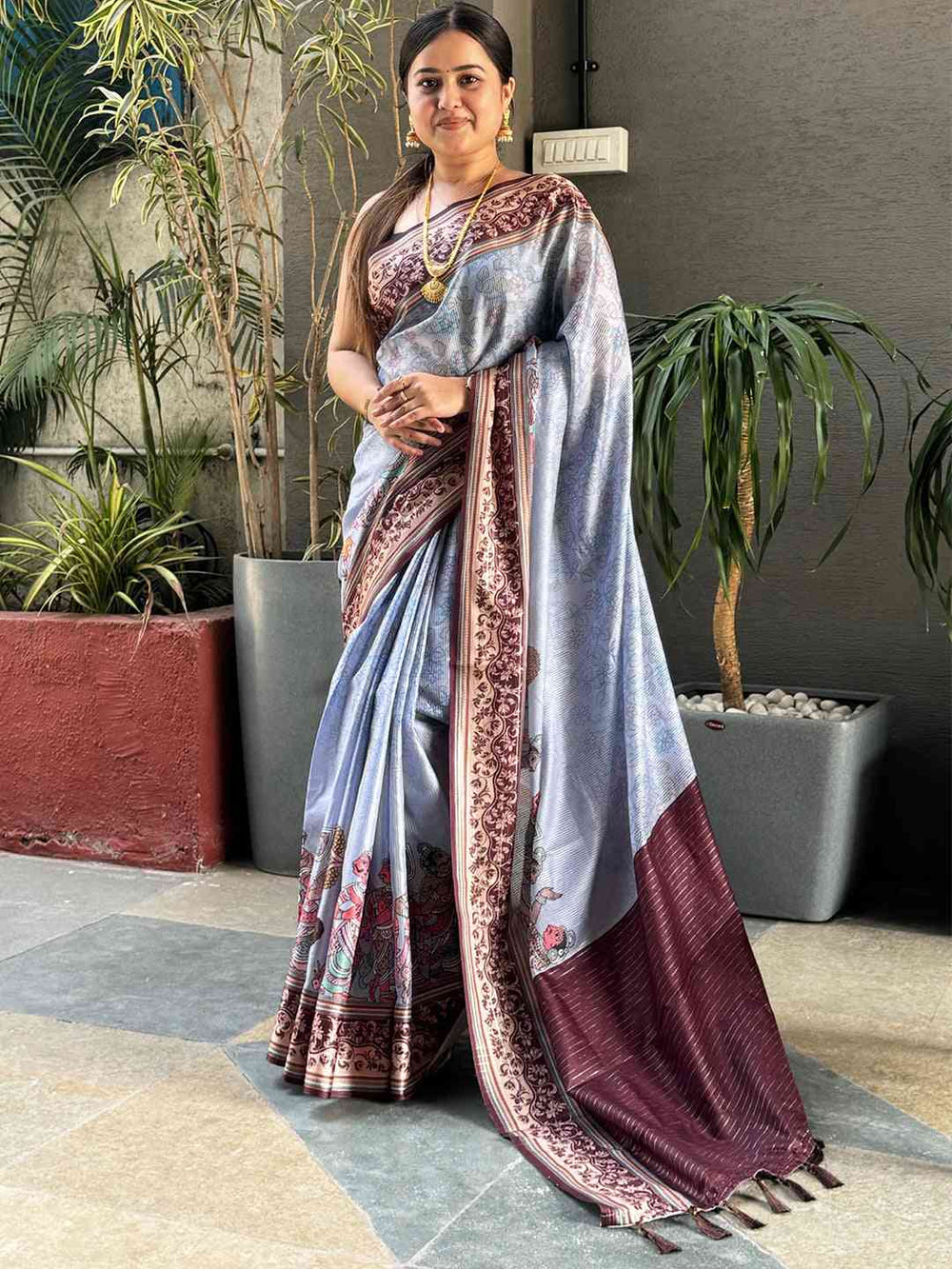 Elegant Silver Satin Kota Doria Saree with Zari Pallu