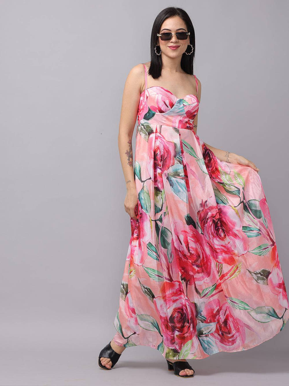 Rose Mist Chiffon Printed Dress flowing style