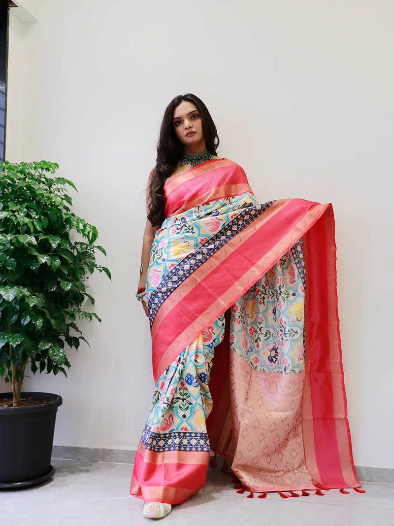Attractive Soft Silk Gadwal Border Pochampally Print Saree