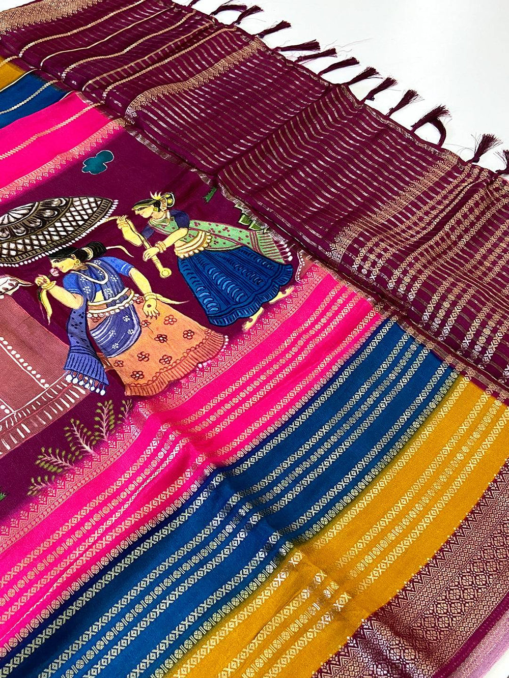 Vibrant Soft Silk Kalamkari Zari Stripe Saree