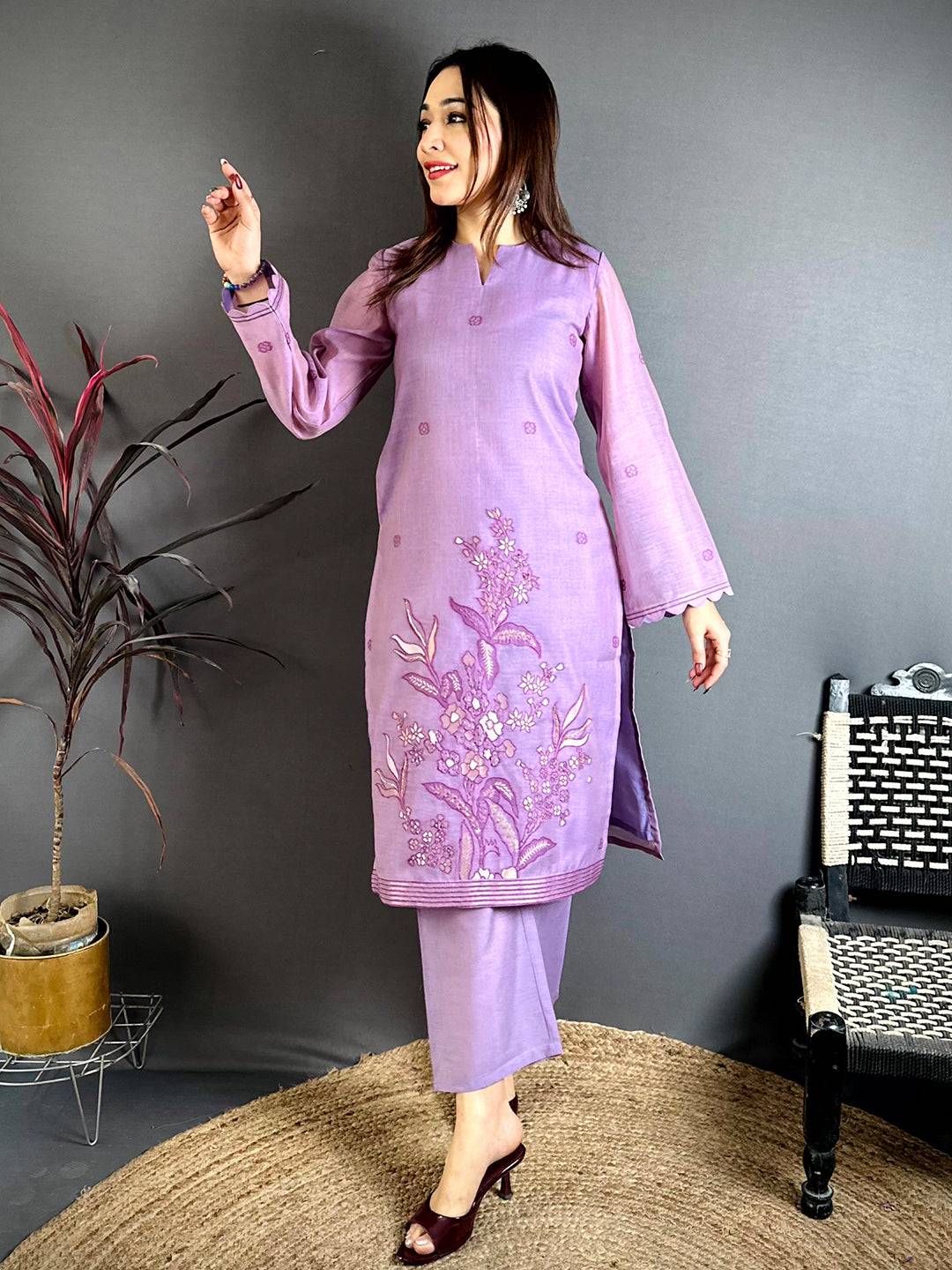 Lavender Hand Embroidered Suit Set