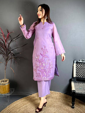 Lavender Hand Embroidered Suit Set