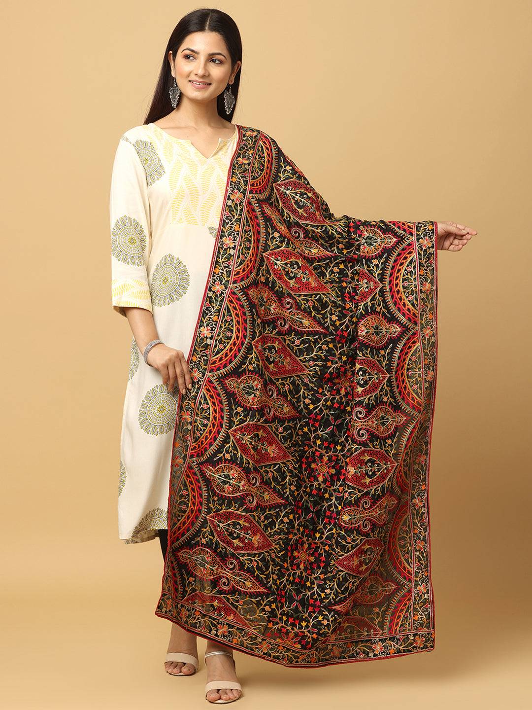Elegant poly chiffon pashmina dupatta with intricate threadwork.