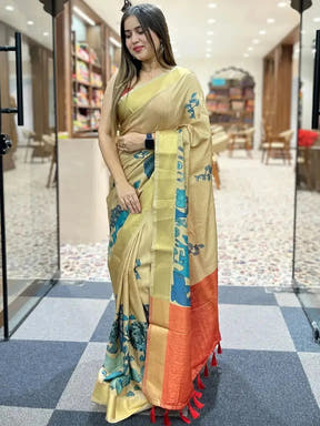 Stylish Kalamkari saree in linen tissue with vibrant patterns.