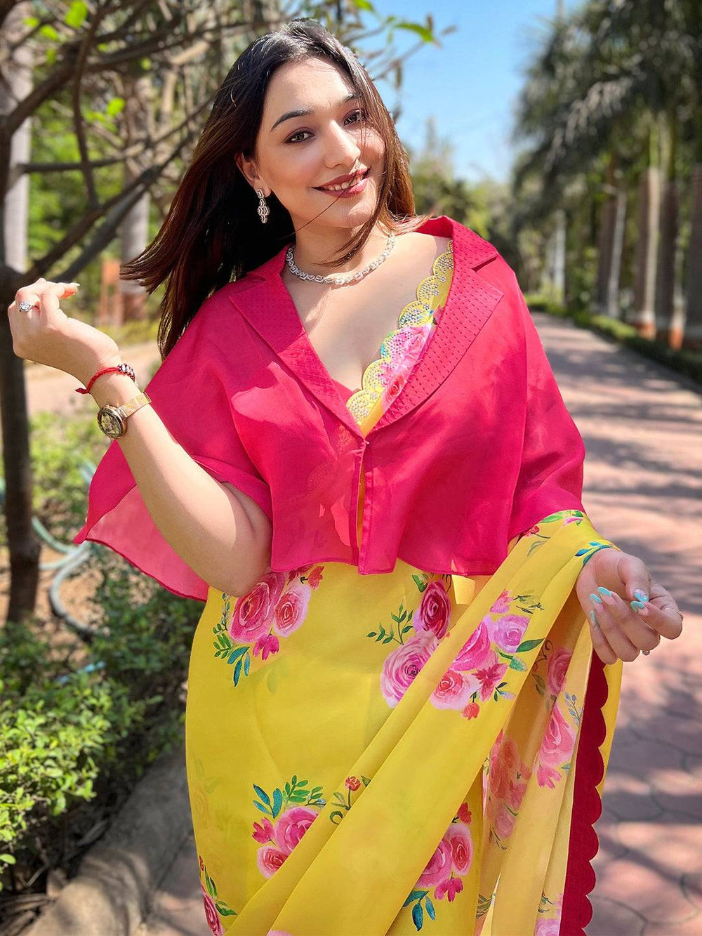 Yellow saree with floral print and zircon Swarovski border