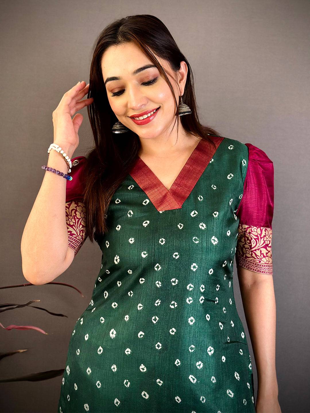 Green Soft Dola Silk V Neck Kurti