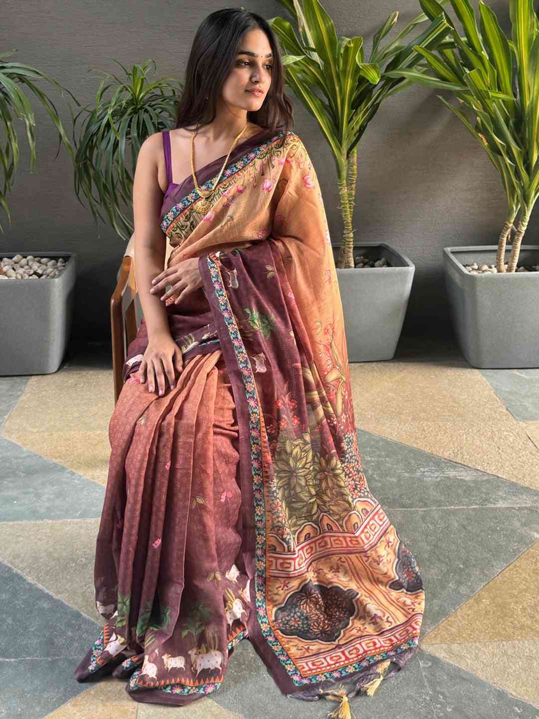 Soft Linen Ombre Pichwai Wine Saree, seated elegance