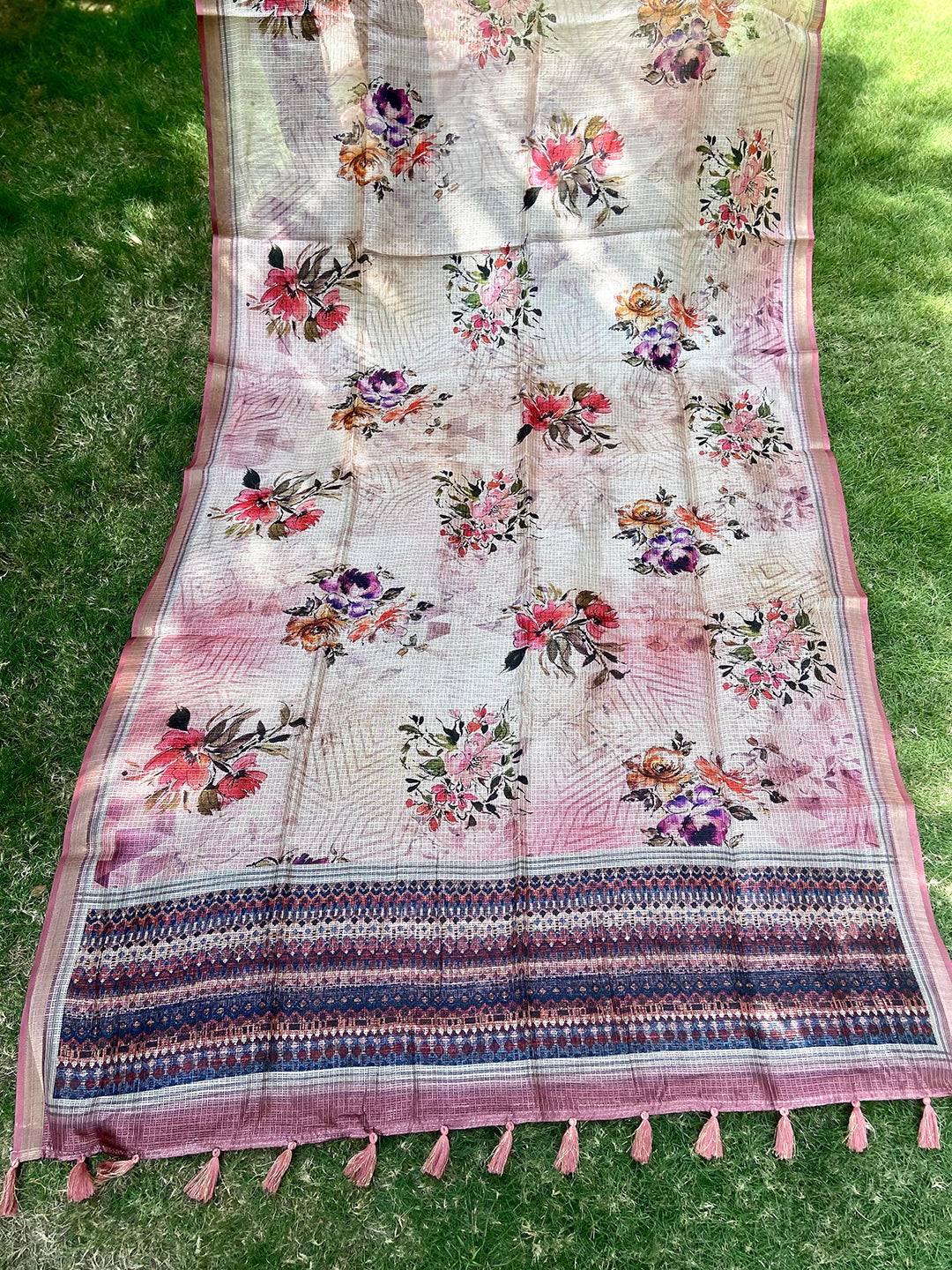 Cream Colour Soft Kota Doriya Silk Saree With Flower Print