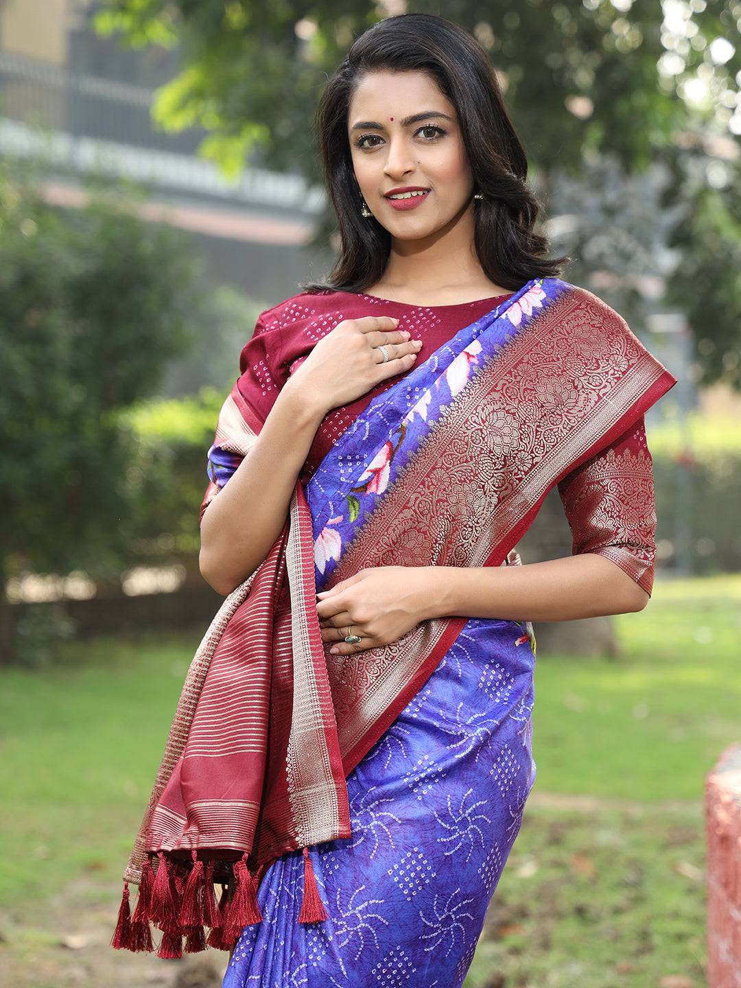 Purple Pure Viscose Dola Silk Saree With Floral Print Border