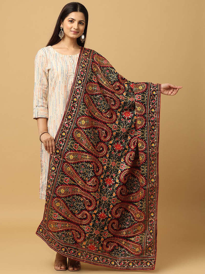 Black Ornate Rust Paisley Pashmina Dupatta