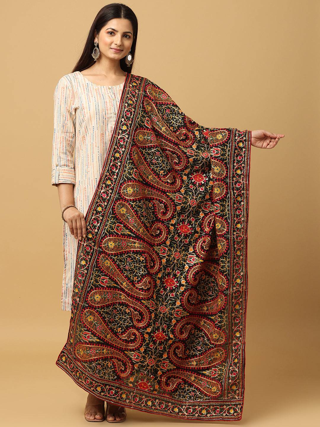 Black poly chiffon dupatta with intricate pashmina threadwork