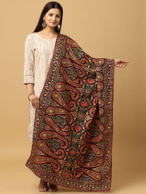 Black poly chiffon dupatta with intricate pashmina threadwork
