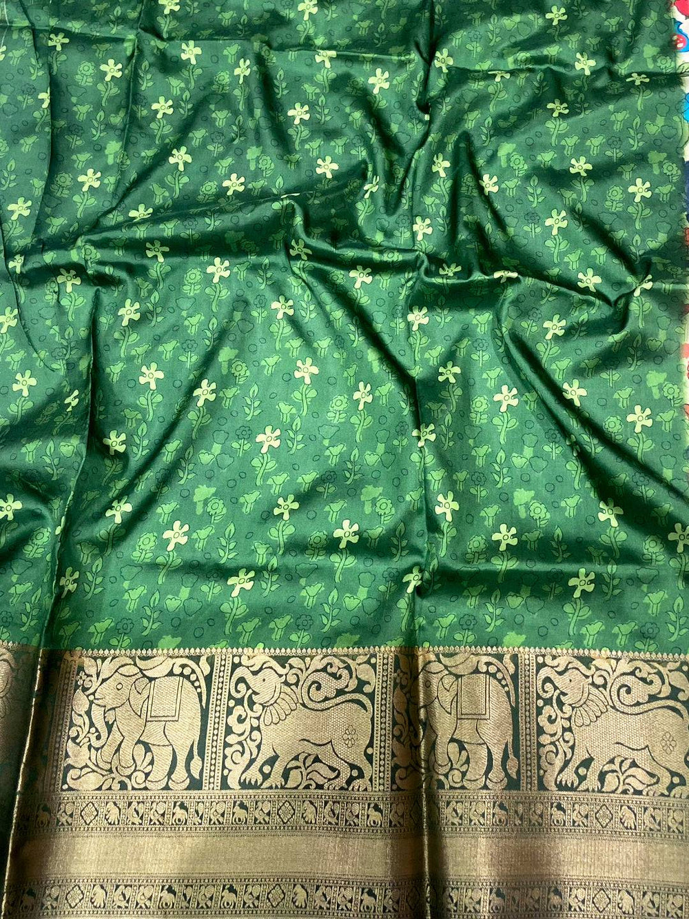 Green Floral Printed Banarasi Saree