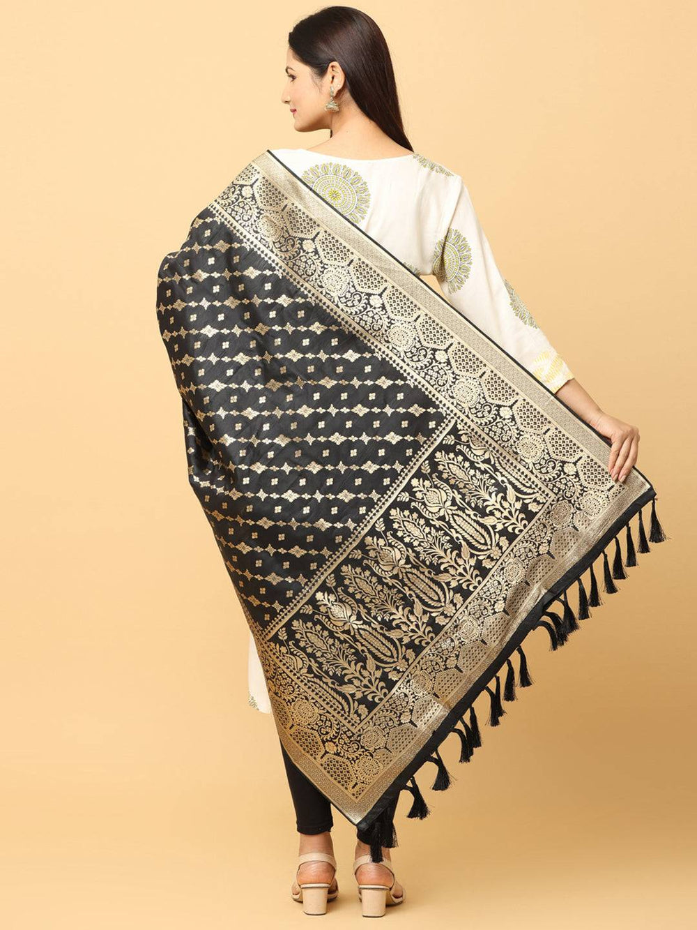 Back view of black woven design silk blend dupatta
