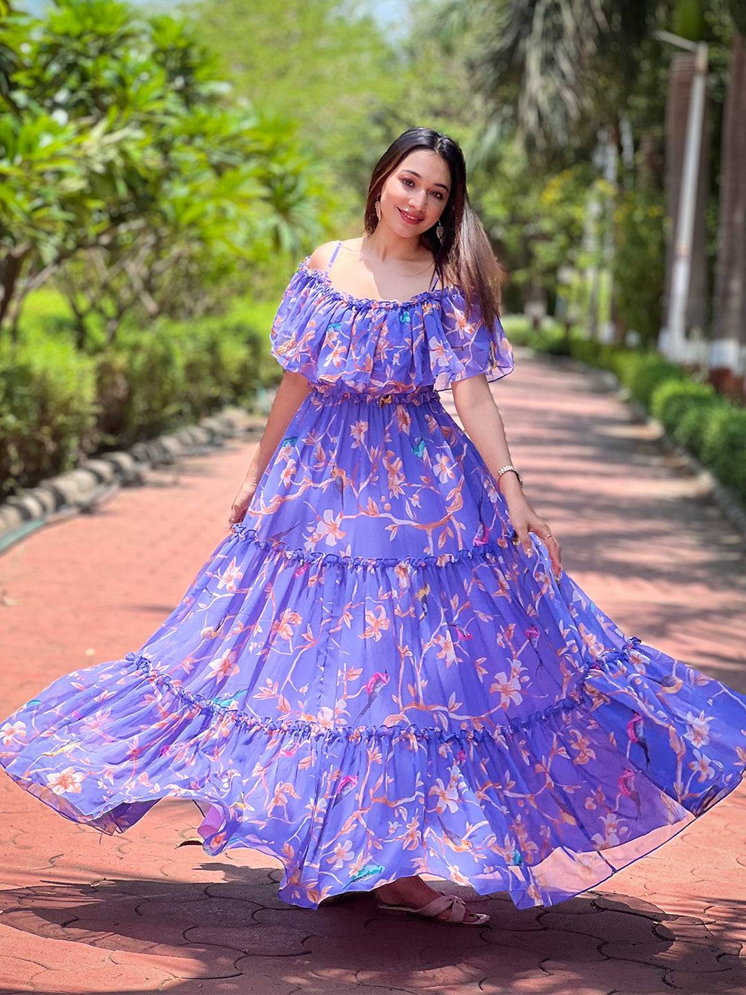 Purple Martini Floral Maxi Dress with ruffle details
