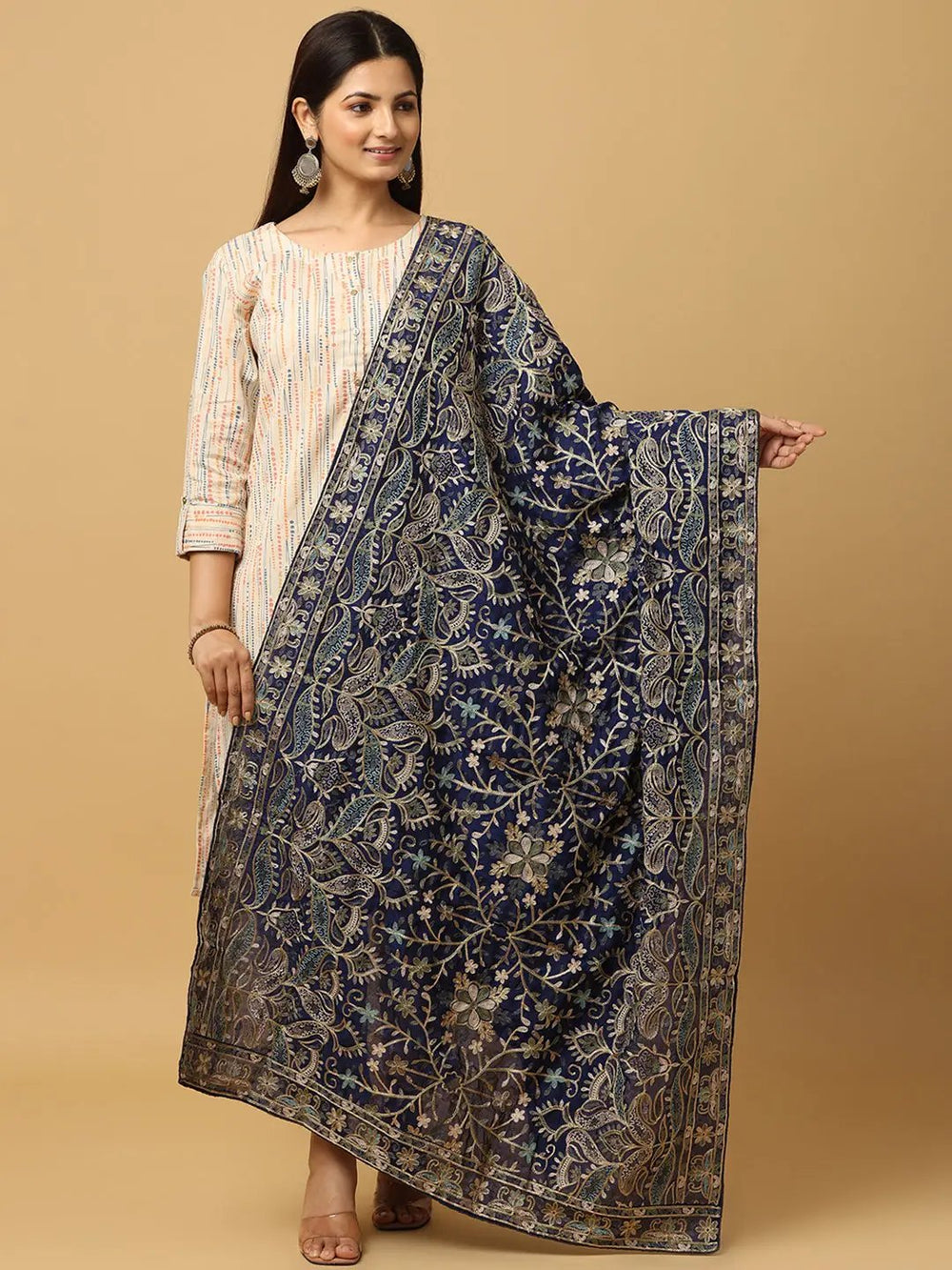 Navy chiffon dupatta with intricate pashmina threadwork