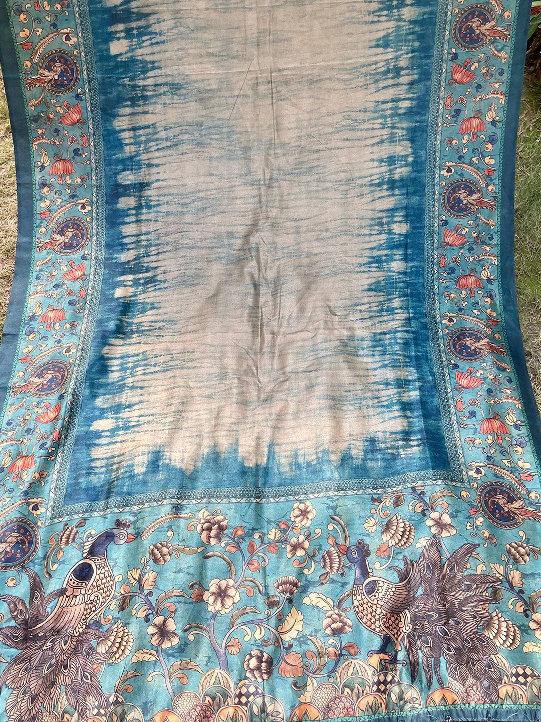 Blue Colour Tussar Silk Saree With Batik and Kalamkari Print Border