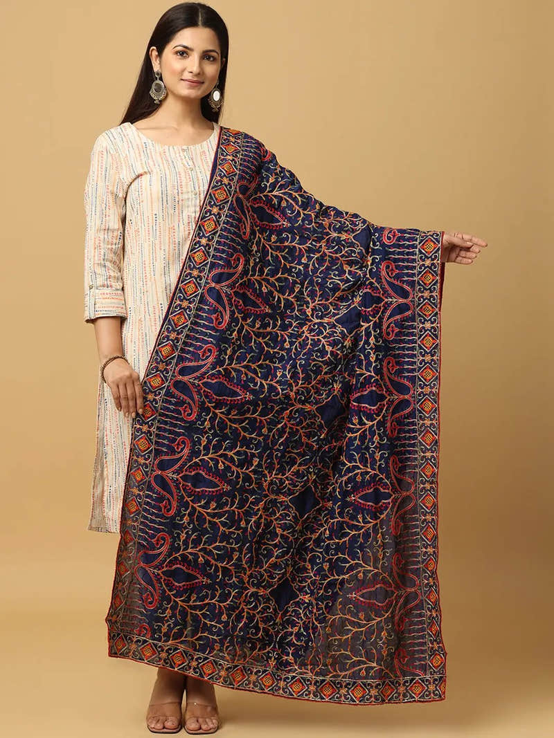 Navy Bright Multicolour Bloom Pashmina Dupatta