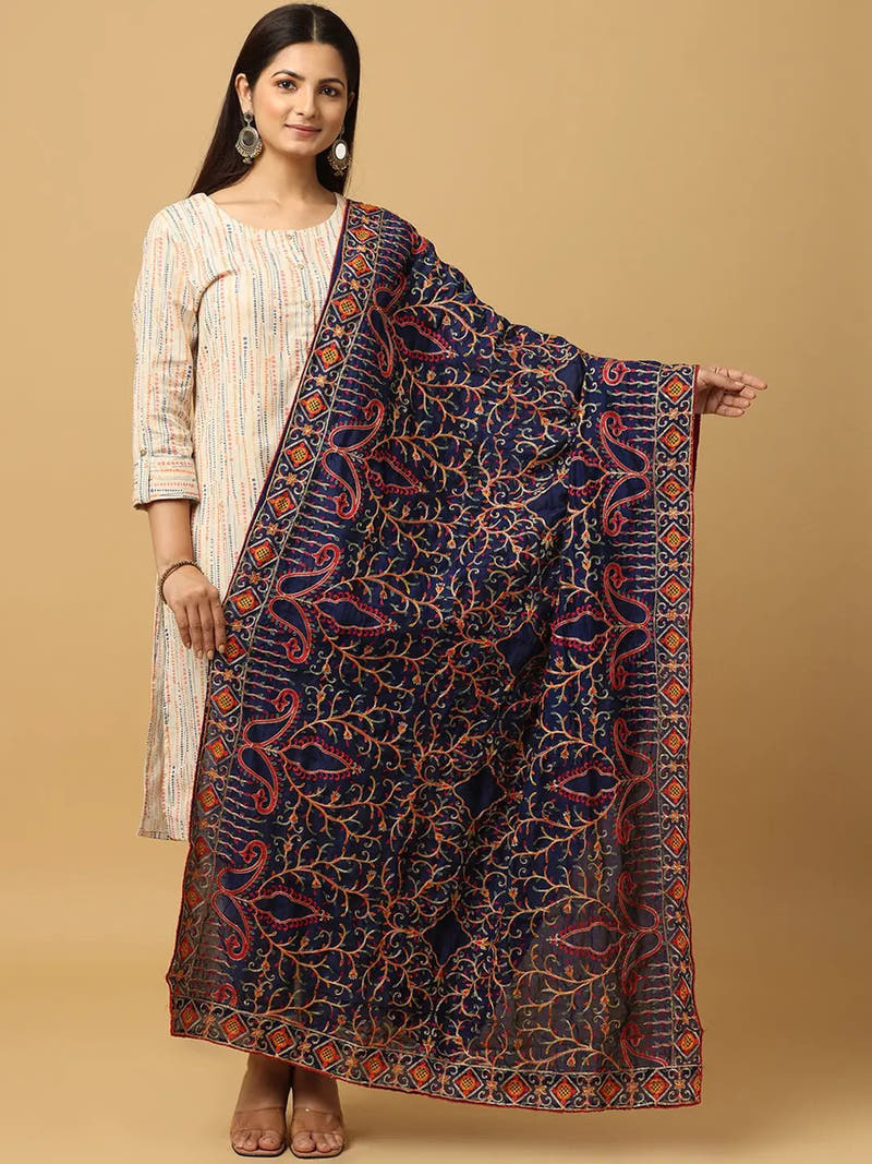 Navy poly chiffon pashmina dupatta with intricate threadwork