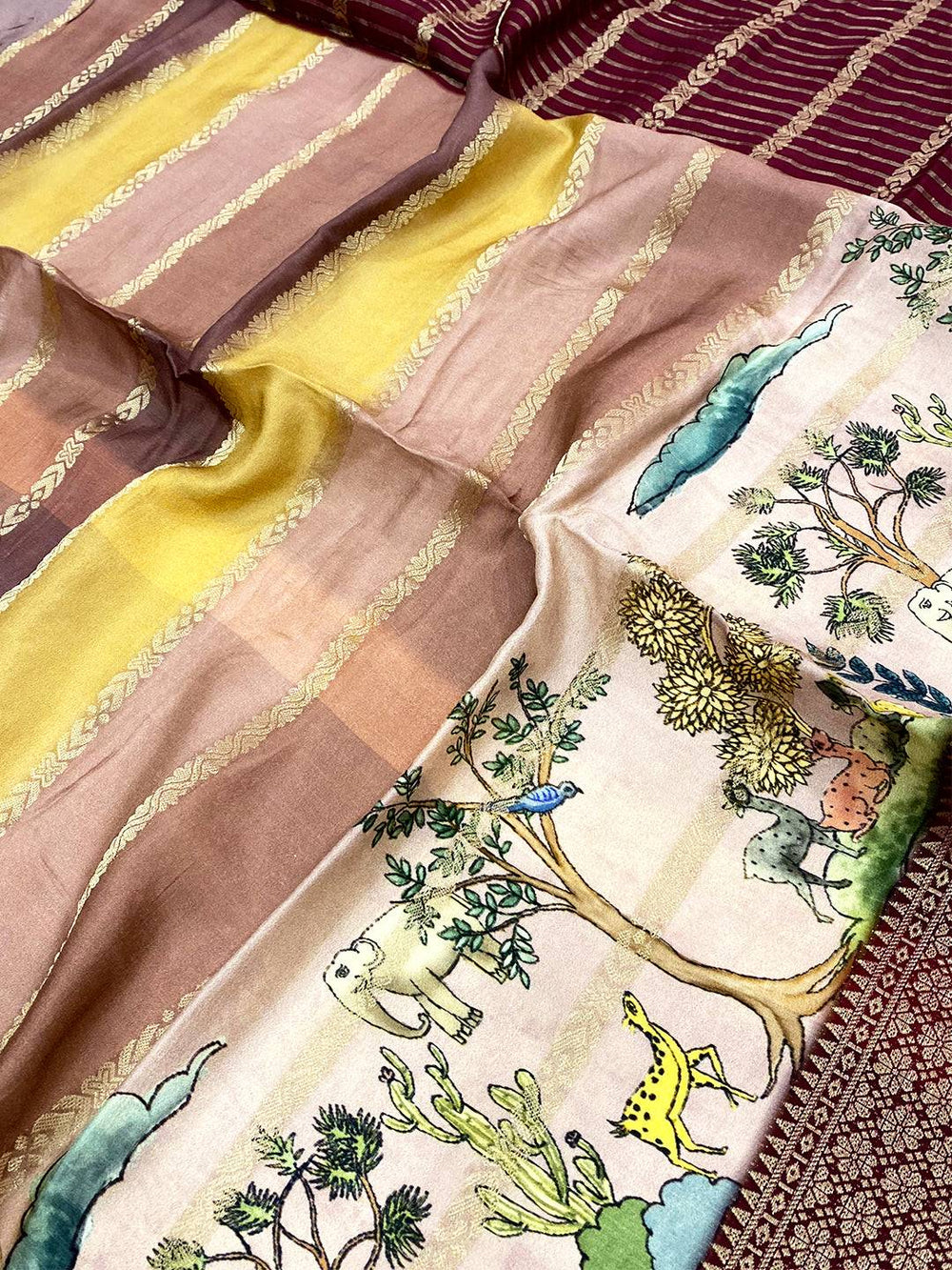 Majestic Soft Silk Kalamkari Zari Stripe Saree